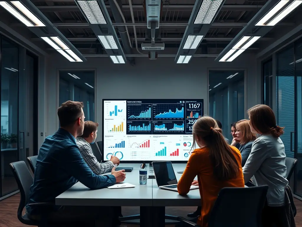 A team of professionals discussing a successful business turnaround project in a conference room.