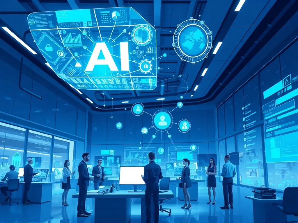 An illustration of AI integration in business operations with futuristic technology.