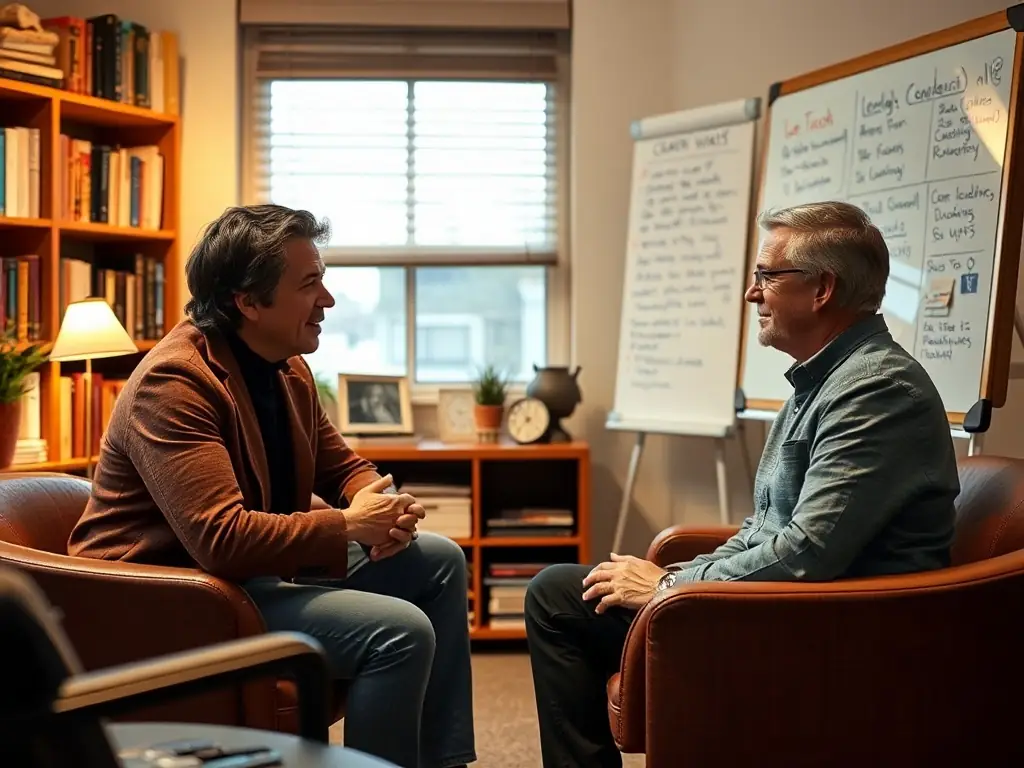 A leadership coaching session in a cozy office, with a coach and a leader engaged in conversation.