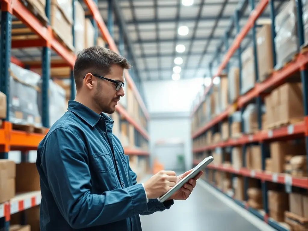 A warehouse with organized shelves and a worker using a tablet to optimize sales and distribution processes.