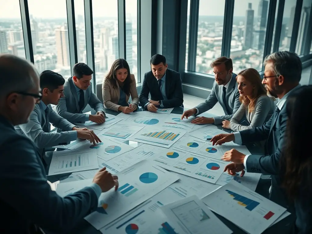 A business meeting with charts and graphs on a table, showing participants engaged in strategic planning.