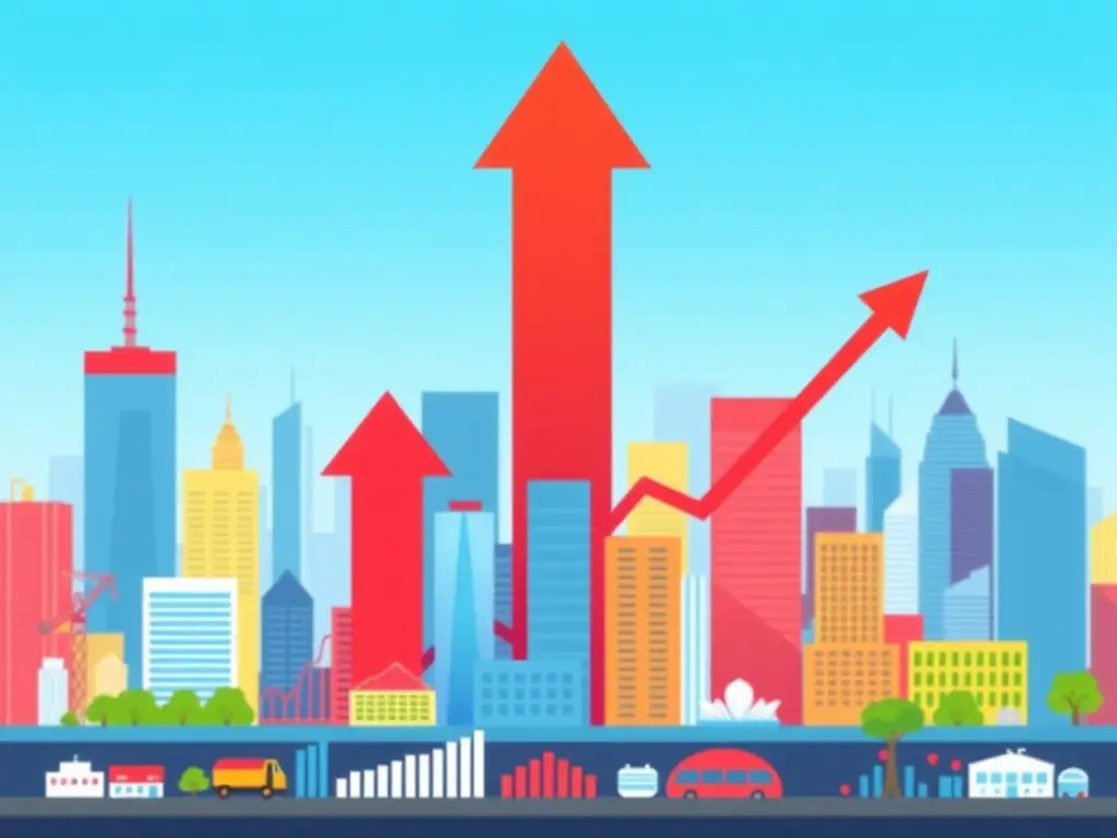 An illustration showing a city skyline with arrows and graphs representing market expansion strategies.