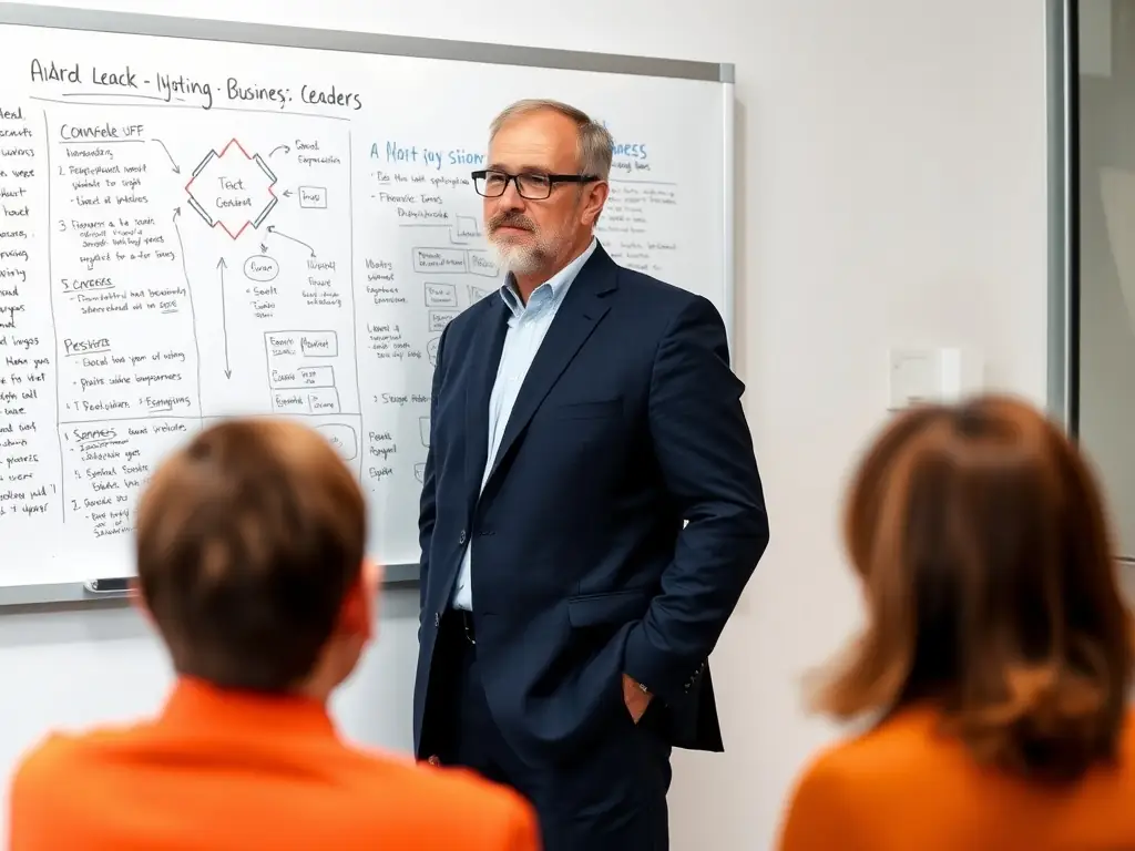 A business leader in a coaching session, with a whiteboard in the background representing leadership development.